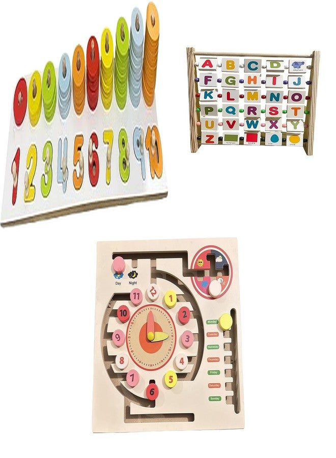 Kinder Creative Peg Number Ring Counting Set,Alphabet Abacus Learning Toy,Maze Game Weather Calendar Clock Puzzle, Educational Puzzle and Toys for Kids Pack of 3 - Image 1
